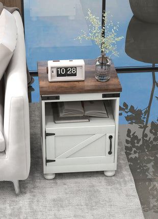 Side Table with Storage, End Table with Open Shelf, Cupboard and Wood Legs, Modern and Farmhouse Style, White