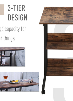 Industrial C-Shaped Mobile Rolling Sofa Side Table with 3-Tier Storage Shelving, Adjustable Height, & Wheels
