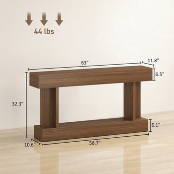 63 Inch Long Console Table, Vintage Narrow Entryway Table with Storage Shelf for Living Room and Hallway, Brown