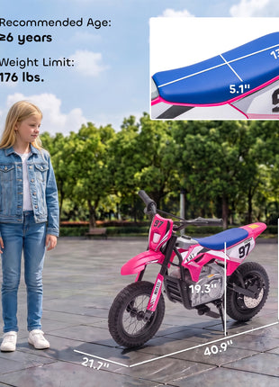 36V Electric Dirt Bike for Kids with Brushless Motor, Up to 9.9 MPH, Inflatable Tires and Rear Suspension, Pink