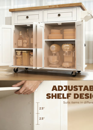 44" Mobile Kitchen Island Table, Kitchen Island Cart on Wheels with Storage Cabinets, 2 Drawers, White