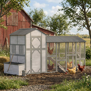 147" Extra Wooden Large Chicken Coop with Run for 8–10 Hens, Predator-Proof Mesh, Gray