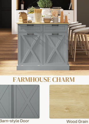 10 Gallon Farmhouse Kitchen Cabinet with Hidden Trash Can and 2 Drawers, Tilt Out Trash Can Cabinet for Kitchen, Gray