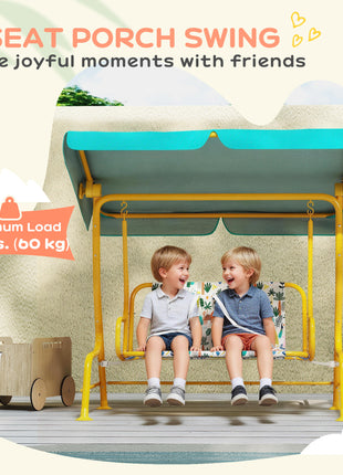Kids Porch Swing, 2-Seater Patio Swing Bench with Safety Belts, Adjustable Canopy for Backyard, Garden, Green