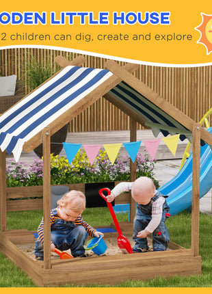 Wooden Sandbox with Canopy, House Design for 3-7 Years Old, Brown