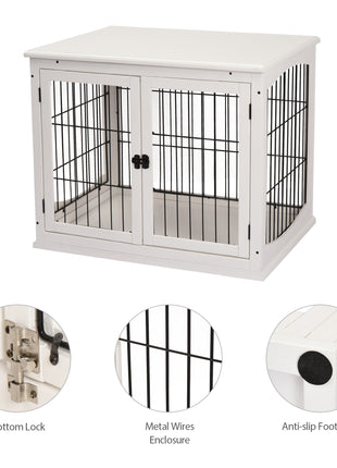 Dog Crate Furniture, 32" Small Dog Cage End Table with 2 Doors, Lockable Door, Puppy Kennel Indoor, White