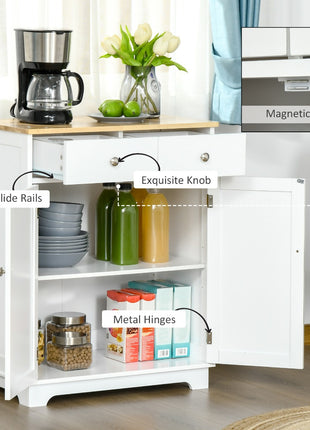 Kitchen Storage Cabinet, Sideboard Floor Cupboard with Solid Wood Top, Adjustable Shelf, and 2 Drawers for Living Room, and Hallway, White
