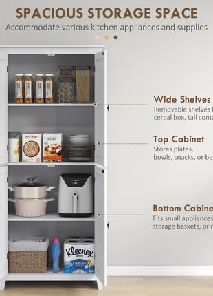 72" Freestanding Kitchen Pantry Cabinet, Farmhouse Tall Storage Cabinet with 4 Door Cabinets and Adjustable Shelves for Dining Room, White