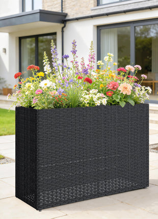 Tall Rectangular Planter with Removable Liner, Holes, PE Wicker Large Planter Box for Indoor Outdoor Plants, Black