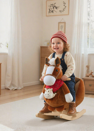 Kids Ride-On Rocking Horse Toy, Rocker with Lullaby Song, Hand Puppets & Soft Plush Fabric for Children 18-36 Months, Brown