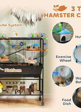 3 Tier Hamster Cage, Rolling Rat Cage with Deep Tray, Storage Shelf, Big Exercise Wheel, Hut, Tube System