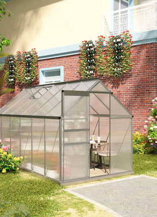 12' x 6' x 6.5' Polycarbonate Greenhouse with Aluminum Frame, Walk-in Heavy Duty Green House with Adjustable Roof Vent, Rain Gutter and Sliding Door for Winter, Silver