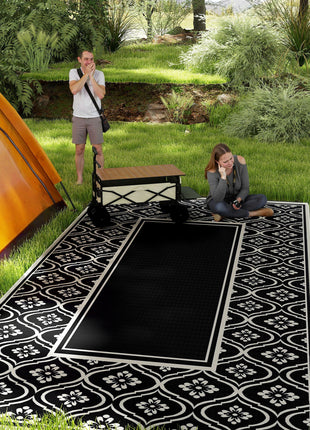 Reversible Outdoor Rug, Waterproof Plastic Straw with Carry Bag, 9' x 18', Black & White Gourd Border