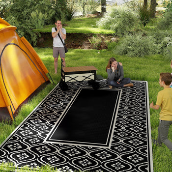 Reversible Outdoor Rug, Waterproof Plastic Straw with Carry Bag, 9' x 18', Black & White Gourd Border