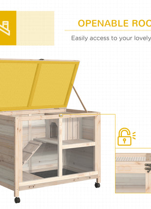 Rabbit Hutch with Wheels, Desk and Side Table Sized, Wooden Rabbit Cage, Waterproof Small Bunny Cage with Removable Tray, Openable Roof, for Rabbits, Chickens, Ducks, Indoor/Outdoor, Natural