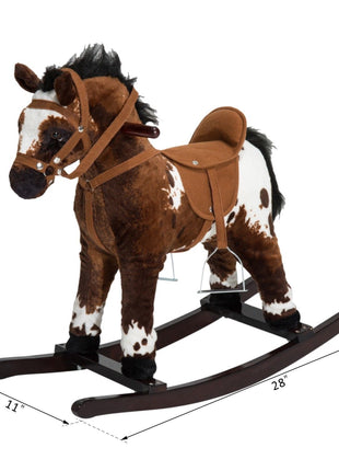 Kids Wooden Plush Ride-On Rocking Horse Chair Toy with Realistic Sounds Dark Brown/White