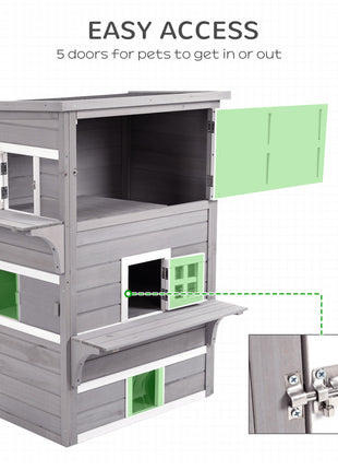 Outdoor Cat House, 3-Tier Kitty Shelter with 5 Escape Doors, Weather Resistant, Gray & White