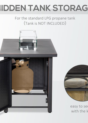 43 Inch Outdoor Propane Gas Fire Pit Table, 50,000 BTU Auto-Ignition Rectangular Wicker-effect Gas Firepit with Glass Wind Guard, Lid, Glass Beads, Steel Base, CSA Certification, Bronze