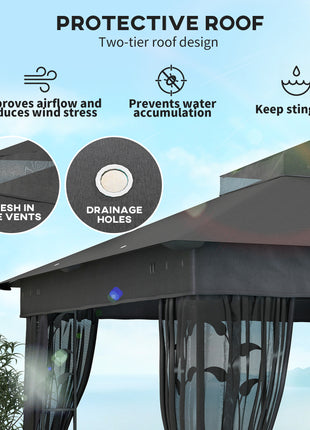 10' x 10' Outdoor Gazebo with Shelves and Netting, UV30+ Double Roof Patio Gazebo for Lawn, Backyard and Deck