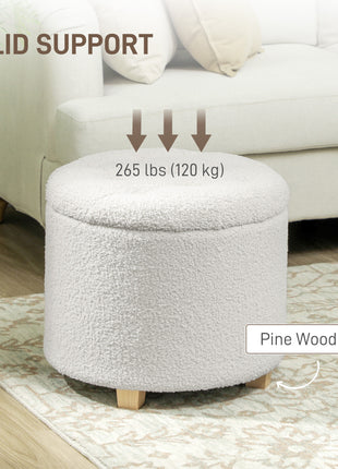 18" Round Ottoman with Storage, Teddy Fleece Button Tufted Foot Stool with Lid, Wood Legs for Living Room Hallway, White