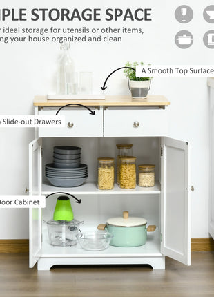 Kitchen Storage Cabinet, Sideboard Floor Cupboard with Solid Wood Top, Adjustable Shelf, and 2 Drawers for Living Room, and Hallway, White
