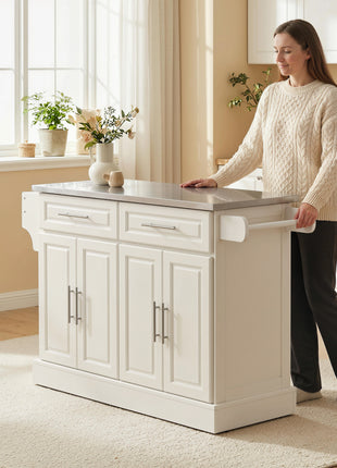 Rolling Kitchen Island with Stainless Steel Top, 2 Drawers, Spice, Knife and Towel Rack and Cabinets, Cream White