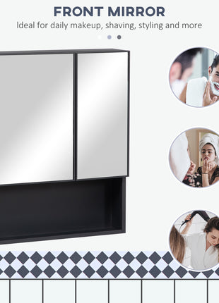 Wall-Mounted Medicine Cabinet, Bathroom Mirror Cabinet with Double Doors and Storage Shelves, Black
