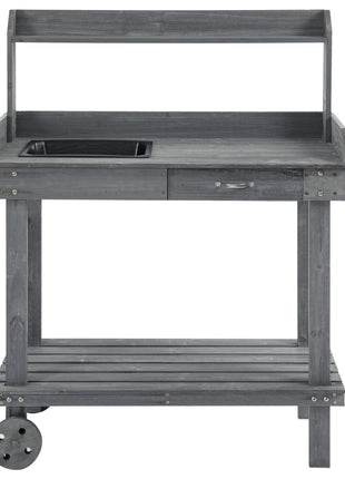36'' Wooden Potting Bench Work Table with 2 Removable Wheels, Sink, Drawer & Large Storage Spaces, Gray