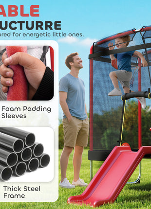 4 x 6FT Trampoline for Kids Indoor & Outdoor with Slide, Swing, Basketball Hoop and Safety Enclosure, Red