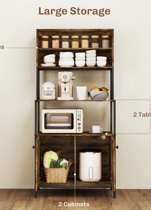Baker's Rack with Power Outlet and Storage Shelves, Microwave Stand with Louvred Door Cabinets, Rustic Brown