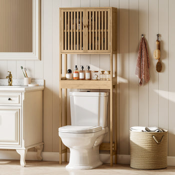 Over the Toilet Cabinet, Bamboo Bathroom Above Toilet Storage with Slatted Doors and Adjustable Shelf, Natural