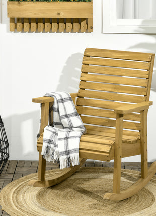 Wooden Outdoor Rocking Chair, Traditional Slatted Wood Rocker Chair with Armrests and High Backrest for Indoor & Outdoor, Light Brown