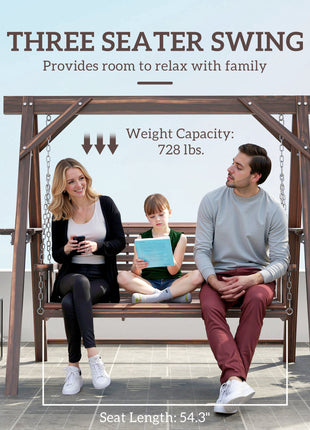 3 Seat Wooden Porch Swing with Stand, Patio Swing with Side Tables, for Garden, Poolside, Backyard, Carbonized Brown