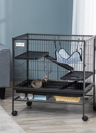 Small Animal Cage with Wheels, Pet Playpen for Rat, Syrian Hamster, Kitten, Ferrets, Chinchillas with Bottom Storage Shelf, Removable Tray, Ramp, 31.5" x 20.5" x 33.1"