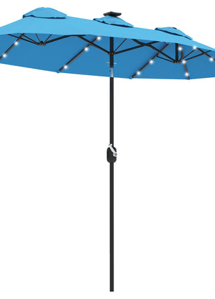Double-sided Patio Umbrella, 9.7' Outdoor Umbrella with Tilt and Crank, LED Solar Light and 12 Ribs, Light Blue