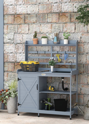 Wooden Potting Bench with Storage, Sink, Water Tap for Backyard, Patio, Balcony, Gray