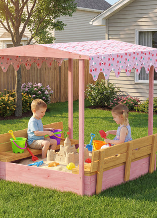 Wooden Sandbox with Cover, Kids Sandbox Outdoor with Seat, Bottom Liner, Canopy for Ages 3-6, Flamingos Print, Pink