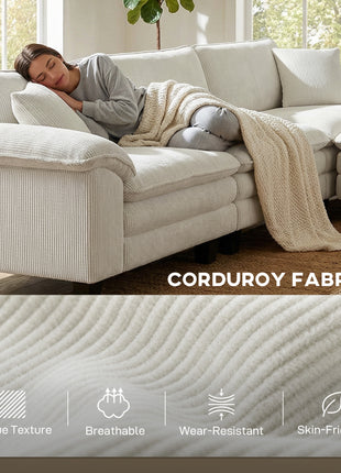 Sectional Sofa, L Shaped Couch with Deep Seat, Movable Ottoman and Pillow-top Armrests, Beige