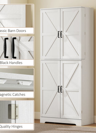 Farmhouse Kitchen Pantry, 72" Tall Pantry Cabinet with 4 Barn Doors, 4 Adjustable Shelves and 8 Door Shelves, White
