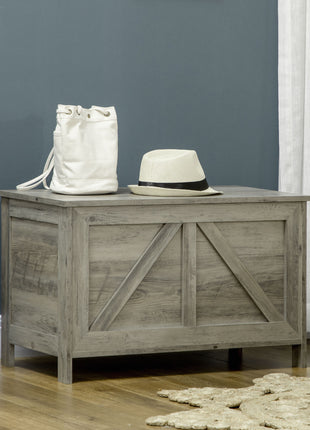 30" Farmhouse Storage Bench, Lift Top Storage Chest with Safety Hinge to Open Up 100°, Wooden Trunk for Bedroom, Entryway, Living Room, Gray