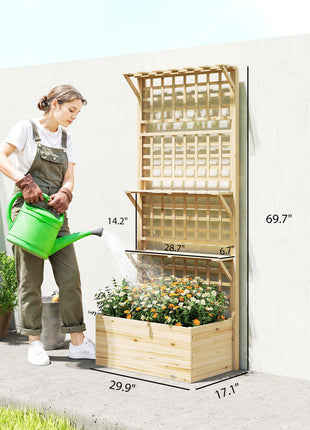 Wooden Raised Garden Bed with Trellis and Roof, Elevated Planter Box with 2 Shelves, Drainage Hole and Liner, Natural