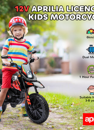 12V Aprilia Licenced Kids Motorcycle with Training Wheels, Spring Suspension, LED Light, USB, Music, Red