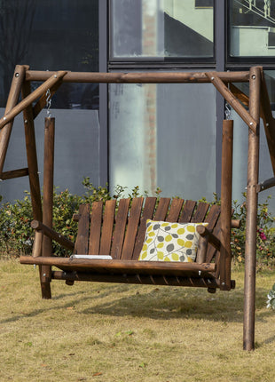 2-Seat Wooden Swing Bench, Ergonomic Design, 'A' Frame Construction, Stable and Non-Slip, Solid Wood Frame Log Garden Swing, for Outdoor and Indoor, Brown