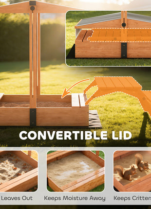 Kids Sandbox with Lid, Wooden Sand Pit with Canopy, Foldable Picnic Table, Bench Seats, Bottom Liner, Cover, Brown