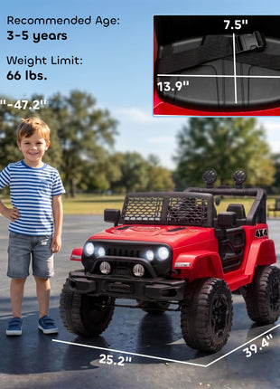 12V Kids Ride On Truck with Parent Remote Control, Battery Powered Electric Car with Spring Suspension, Adjustable Speed, LED Lights and Horn, Red