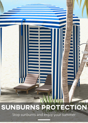 5.8' x 5.8' Cabana Umbrella with Walls, Vents, Ruffles, Carry Bag, Beach Umbrella, Blue White Stripe
