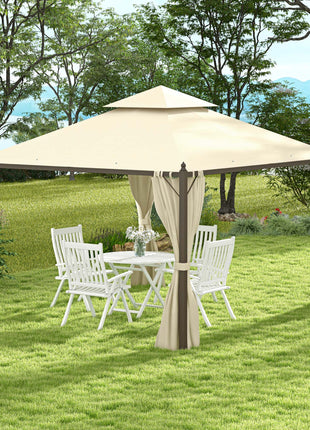 10' x 12' Outdoor Patio Gazebo with Curtains, Two-Tier Roof, Beige
