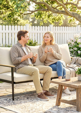 3 Seater Outdoor Patio Sofa, Outdoor Couch with Wood-Effect Armrests, Wicker Backrest, Cushions for Garden Yard, Khaki