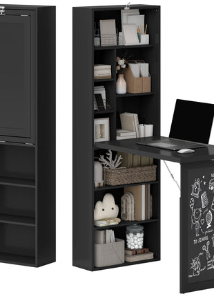 Fold-out Convertible Home Office Desk, Wall Mount Computer Desk with Blackboard and Side Shelf, Black
