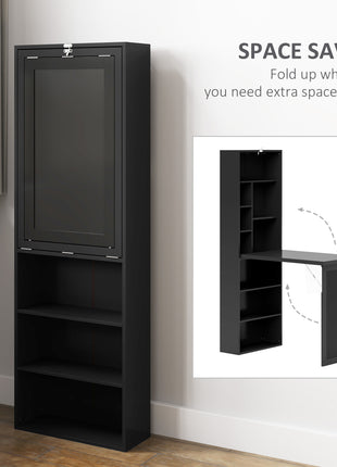 Fold-out Convertible Home Office Desk, Wall Mount Computer Desk with Blackboard and Side Shelf, Black